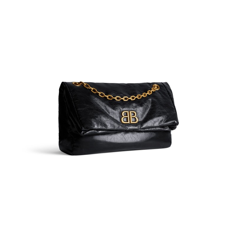 Balenciaga Monaco Medium Chain Bag in black Arena calfskin, aged-gold hardware