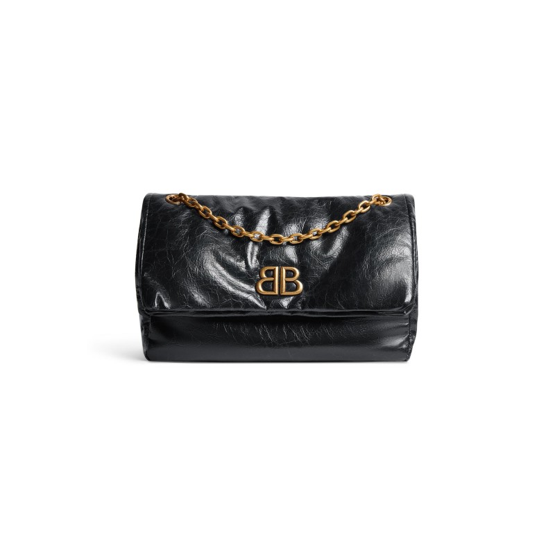 Balenciaga Monaco Medium Chain Bag in black Arena calfskin, aged-gold hardware