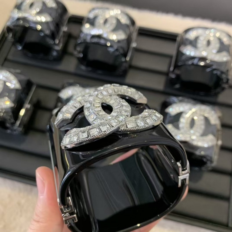 Elegant Chanel Black Cuff Bracelet with Crystal Detailing