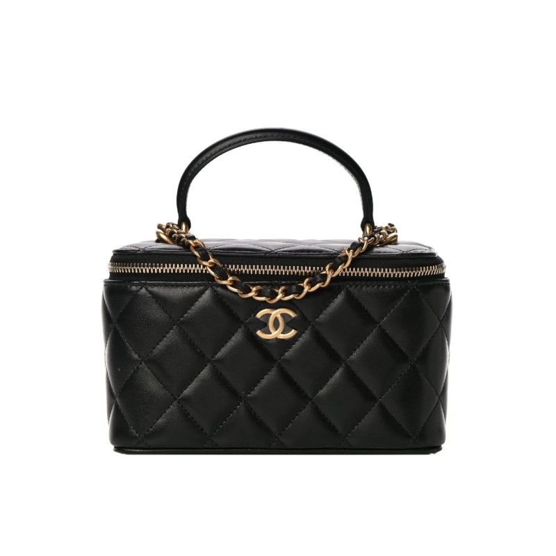 Lambskin Quilted Small Top Handle Vanity Case With Chain Black