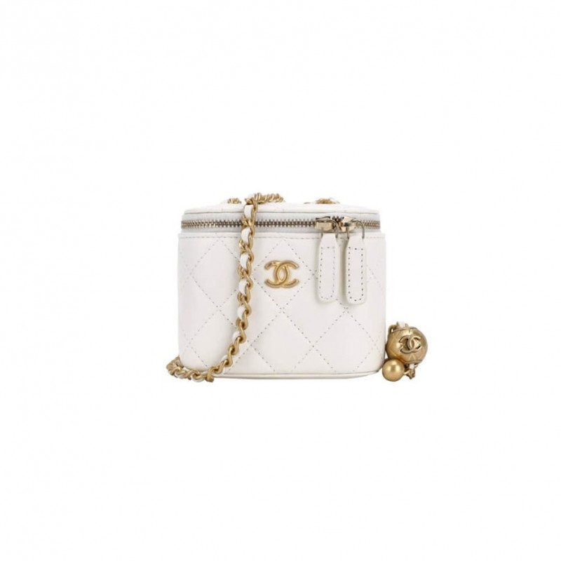 White Quilted Lambskin Mini Pearl Crush Mini Vanity Case Gold Hardware