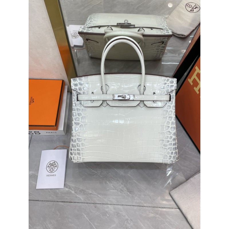 Birkin 30 White Himalaya Niloticus Crocodile Palladium Hardware