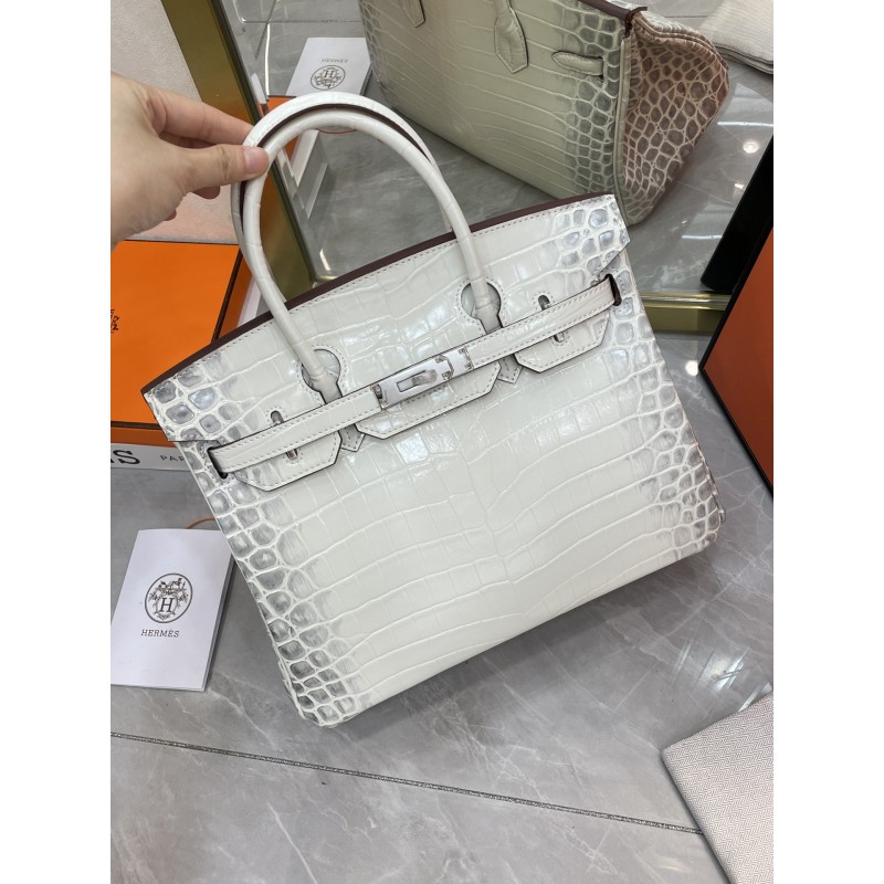 Birkin 30 White Himalaya Niloticus Crocodile Palladium Hardware