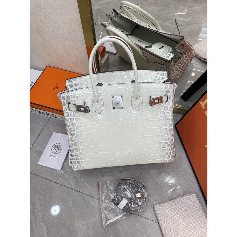 Birkin 30 White Himalaya Niloticus Crocodile Palladium Hardware