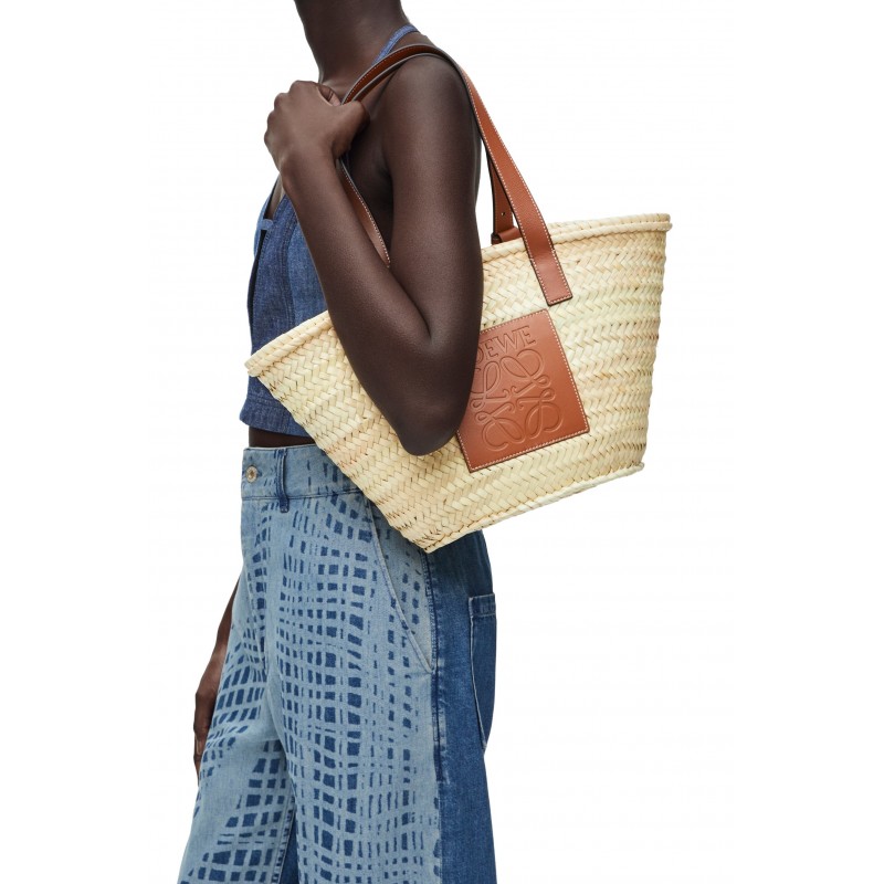 Medium Basket bag in palm leaf and calfskin