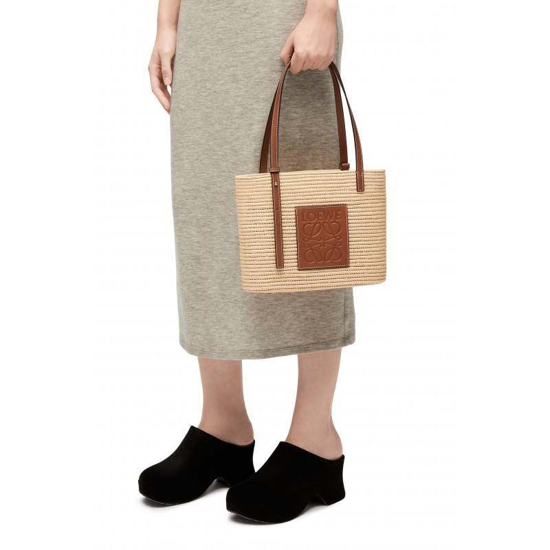 Small Square Basket bag in raffia and calfskin